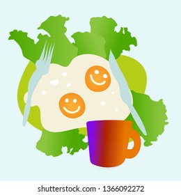 Eggs in omelet, smiling, surrounded by lettuce, with fork and knife. Cup of tea or coffee. Vector cartoon illustration scrambled eggs : for cafes, restaurants, bars.