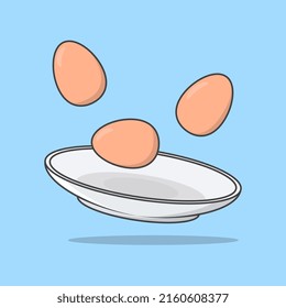 Eggs On A Plate Cartoon Vector Illustration. Flying Chicken Eggs Food Flat Icon Outline