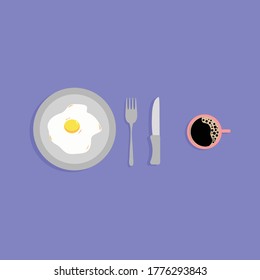 eggs on a plate with a fork and knife, drink coffee for breakfast flat design vector illustrations