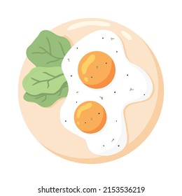 Eggs on a plate. Fried eggs with vegetables .English delicious breakfast. Omelet .Vector illustration in cartoon style.