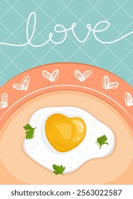 Eggs on a plate, yolk in the shape of a heart. Valentine's Day card.