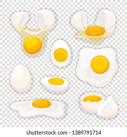 Eggs on transparent. Fried egg set isolated, vector omelet and broken eggshell with whole yolk for breakfast fry