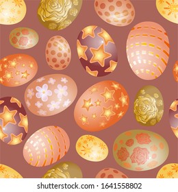 Eggs orange color seamless pattern. Traditional easter meal texture. Quail and chicken eggs background. Realistic vector eggs. Domestic bird, poultry nutrition production illustration