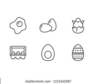 Eggs, organic food flat line icons. Breakfast fried egg, hatched chicken in eggshell vector illustration, easter sign.