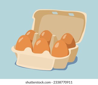 Eggs at package concept. Natural and organic fresh product. Grocery from store or shop. Healthy eating for traditional breakfast. Cartoon flat vector illustration isolated on blue background