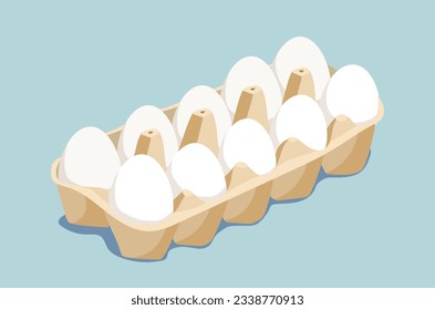Eggs at package concept. Natural and organic fresh product. Grocery from store or shop. Yolk and protein. Poster or banner for website. Cartoon flat vector illustration isolated on blue background