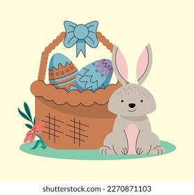 eggs painted in basket with rabbit scene
