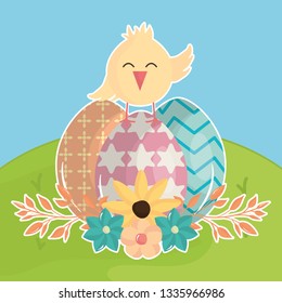 eggs painted with chick in the field happy easter