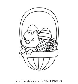 eggs painted easter in basket with little chick vector illustration design