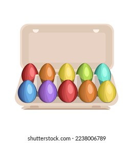Eggs painted in multicolored colors in a cardboard box, isolated on a white background.Vector illustration for Easter designs.