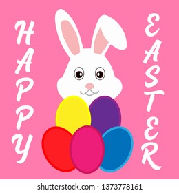 Eggs Painted And Rabbit Easter Celebration . Holiday . Happy Easter . Vector / Illustration