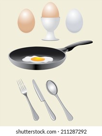 Eggs, pan and cutlery