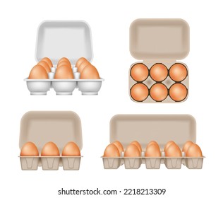 Eggs in paper box package boxes open. Realistic cardboard tray or container with fresh eggs isolated on white background. Natural farming products packaging element. Realistic 3d vector illustration