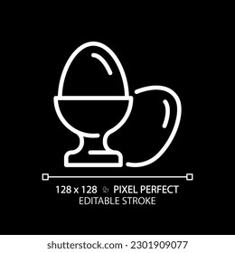 Eggs pixel perfect white linear icon for dark theme. Protein food. Poultry farm. Chicken breeding. Healthy diet. Breakfast meal. Thin line illustration. Isolated symbol for night mode. Editable stroke