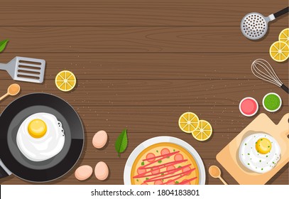Eggs Pizza on Cooking Wooden Table Kitchen Backdrop Illustration