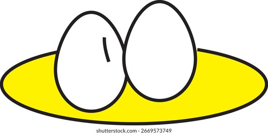 Eggs in plate icon vector illustration. Breakfast food symbol with boiled or fried eggs on dish, nutrition, protein, meal, healthy diet, kitchen element, cooking, dining, minimal flat style."