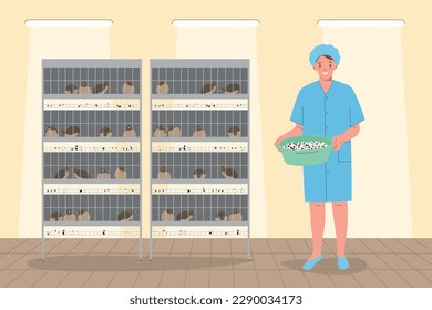 Eggs production poultry factory interior with quails in cages and female worker flat vector illustration