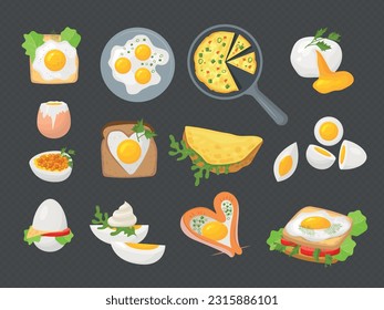 Productos de huevos. Omelet de huevos orgánicos naturales sanos aperitivos caseros hervidos y fritos productos culinarios recientes huevos de dibujos animados vectoriales