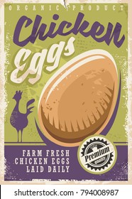 Eggs promotional poster design. Farm fresh chicken eggs poster with chicken silhouette and organic egg graphic.