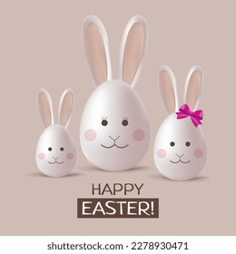 Eggs rabbit family. Set of realistic 3d white eggs with ears and faces. Happy Easter sign. Vector design.