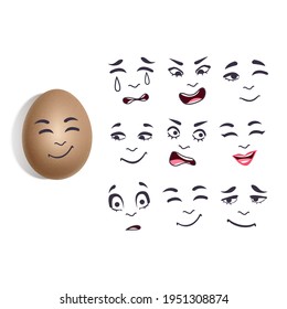 The eggs in a realistic style with different emotions, The image of funny eggs on white background, vector format