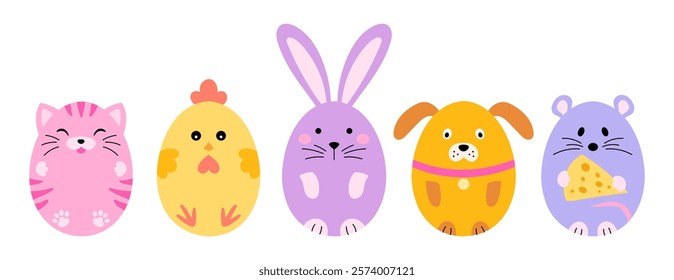 The eggs resemble different animals. Easter children's illustration for decorating products.