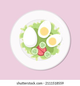 Huevos con una comida saludable para ensaladas en el plato. Ilustración vectorial. Sencilla imagen de nutrición de stock plano. alimento saludable para huevos de pollo