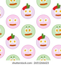 Ovos salada de salada folhas e fatias de tomate Comida Emoticons na placa Motivação Sem Costura Padrão Encontrado