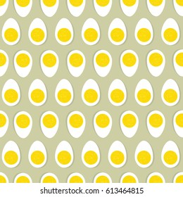 Eggs seamless ornament. Easter food tile pattern. Floral doodle texture and half egg with yolk