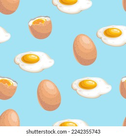 Eggs seamless pattern. Boiled and fried eggs on blue background. Morning breakfast symbols. Vector illustration.