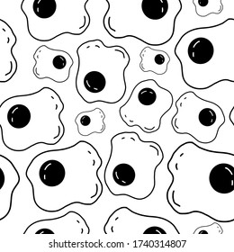 Eggs seamless pattern in doodle style on isolated white background. Print food fried eggs hand drawn. Stock vector illustration.