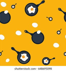 Eggs seamless pattern: good as napkin print, apron pattern, towel or oven-glove print, as well as other kitchen accessories texture. Fried egg in a skillet frying pan, whole eggs on a yellow backdrop.