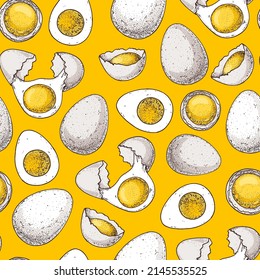 Eggs seamless pattern. Hand drawn vector illustration. Farm eggs design template. Healthy food. Package design.