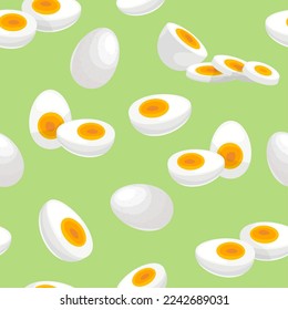 Eggs seamless pattern. Hard boiled eggs on light green background. Morning breakfast symbols. Vector illustration.