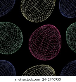 Huevos patrón sin fisuras sobre un fondo negro. Forma de huevo multicolor en patrón de estilo de línea de alambre. Ilustración vectorial