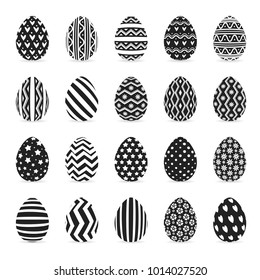 Eggs set black style ioslated on white background with different pattern for greeting card, promotion, party poster, tag, decoration, banner sale, stamp, label, special offer. Vector Illustration