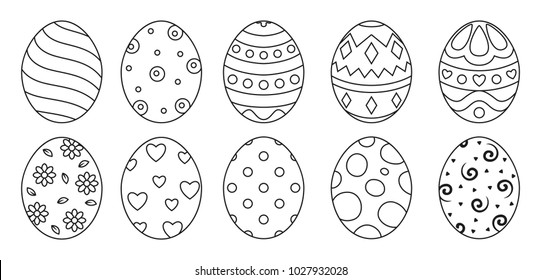 Eggs set black style ioslated on white background with different pattern for greeting card