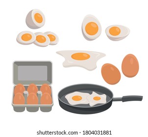 Eggs Set, boiled egg, fried egg in a pan, Eggs in a box. Healthy Organic Food Vector Illustration. eps
