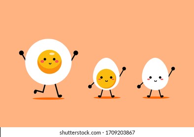 Eggs set concept illustration. Smiling face fried egg. Boiled eggs cut in half. Food menu that can be done easily at home. Breakfast menu that can be made by yourself. Illustration vector.