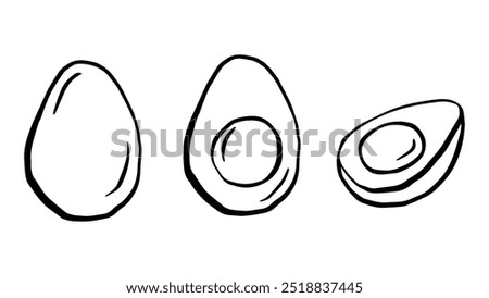 Eggs set doodle drawing, boiled eggs outline illustration, simple sketch vector illustration, black line on a white background
