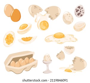 Eggs set. Fresh and boiled eggs. Broken with a cracked eggshell, in a cardboard box and half an egg. Organic agricultural product. A culinary ingredient for breakfast. Vector hand draw illustration