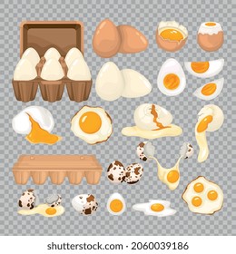 Eggs set with isolated images of broken eggs with cut slices and package on transparent background vector illustration