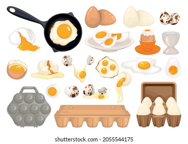 Eggs set with isolated images of various eggs with dishes and container packages on blank background vector illustration