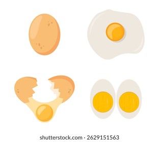Eggs set isolated on white background. Set of fried, boiled, half, sliced eggs. Eggs in various forms.