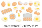 Eggs set. Raw, boiled, whole and sliced, peeled and broken eggs. Scrambled eggs, omelette, yolks, eggshell, egg carton box isolated on white background. Poultry farming theme. Flat Vector illustration
