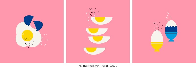 Eggs. Set of three banners healthy breakfast. Fried egg, hard boiled egg, soft boiled egg. Morning poster. Flat trendy abstract style. Still life.  Scandinavian design. All elements are isolated.