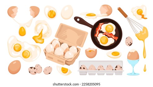 Eggs set vector illustration. Cartoon whole and broken farm chicken and quail eggs, boiled and fried for breakfast, split yolk and protein for cooking, brown cardboard or plastic box for storage