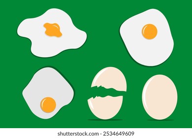 Eggs set.flat, boiled, whole and sliced, peeled and broken eggs. Scrambled eggs, omelette, yolks, eggshell, egg carton box isolated on white background. Poultry farming theme. Flat Vector illustration