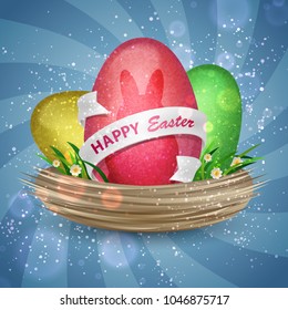 Eggs with shadow of rabbit, white ribbon and lettering Happy Easter in nest with grass and flowers. Blue spiral background. Vector illustration. Elements for banner, cards, poster, holiday, party.