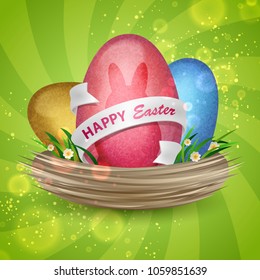 Eggs with shadow of rabbit, white ribbon and lettering Happy Easter in nest with grass and flowers. Green spiral background. Vector illustration. Elements for banner, cards, poster, holiday, party.